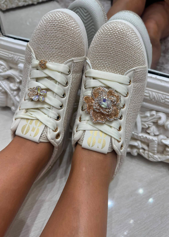 Macy ~ Crystal Embellished Trainers ~ Cream