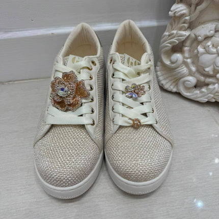 Macy ~ Crystal Embellished Trainers ~ Cream