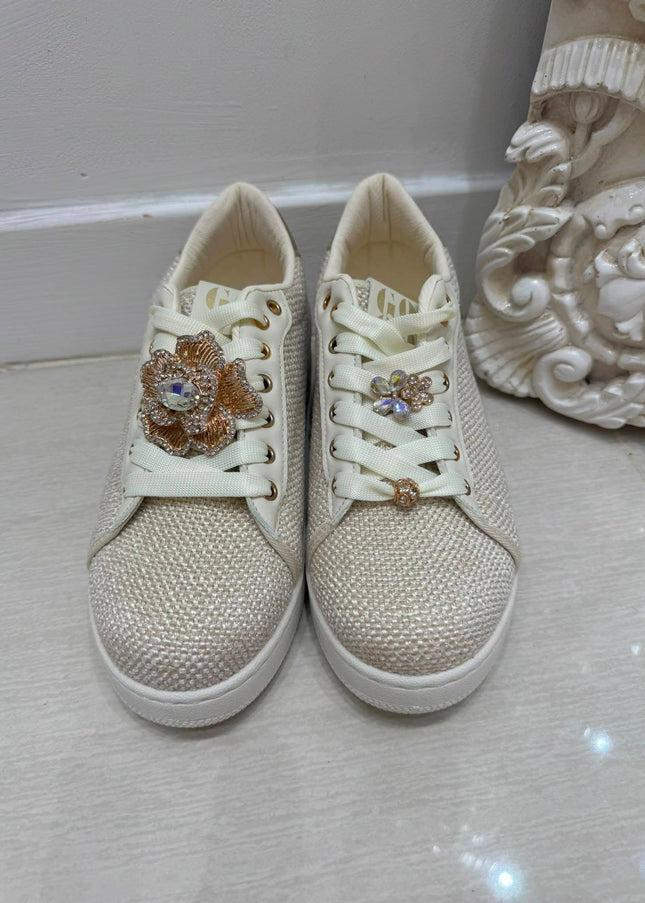 Macy ~ Crystal Embellished Trainers ~ Cream