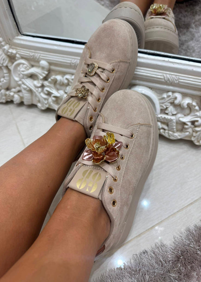 Macy ~ Crystal Embellished Trainers ~ Dark Mocha