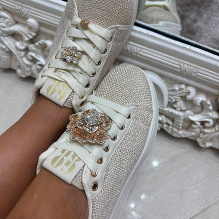 Macy ~ Crystal Embellished Trainers ~ Cream