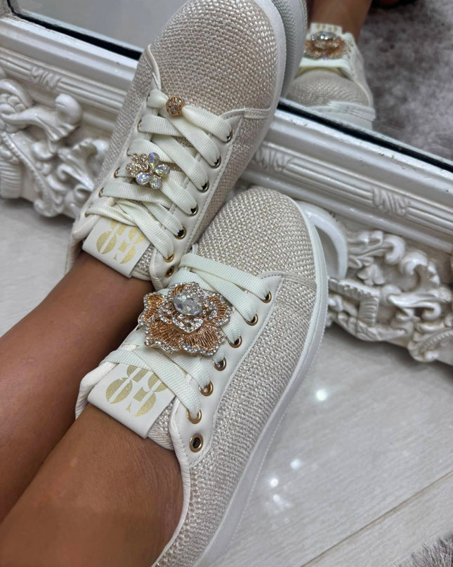 Macy ~ Crystal Embellished Trainers ~ Cream