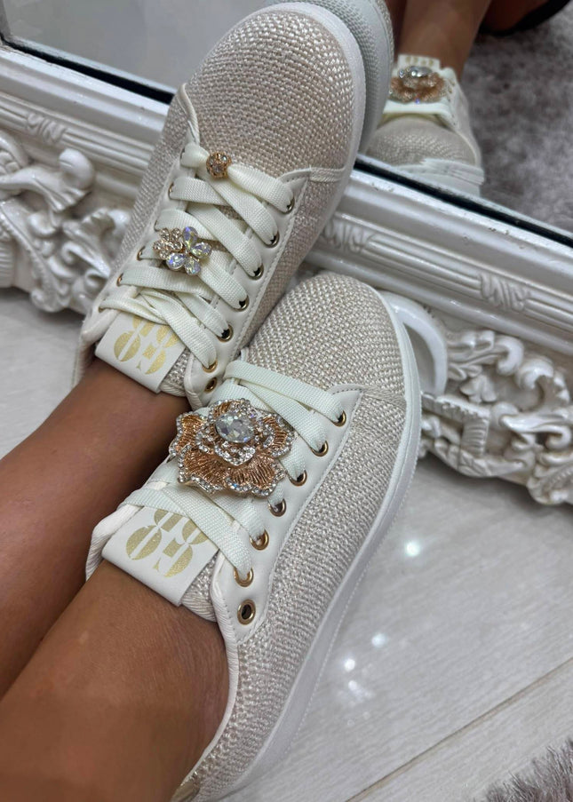 Macy ~ Crystal Embellished Trainers ~ Cream