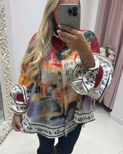 Aurora ~ Vivid Print Shirt With Frilled Arms & Hemline ~ Wine