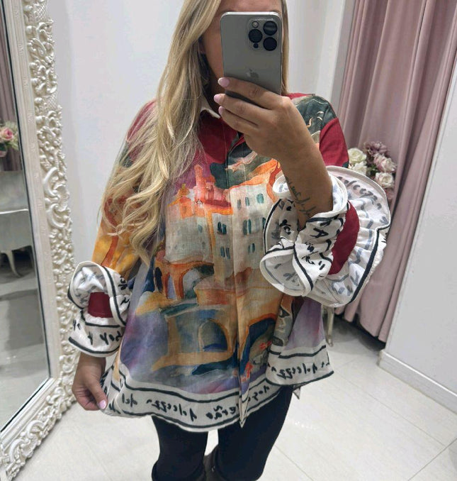 Aurora ~ Vivid Print Shirt With Frilled Arms & Hemline ~ Wine