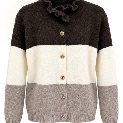 Soft Knit Frill Neck Cardigan With Contrasting Panels