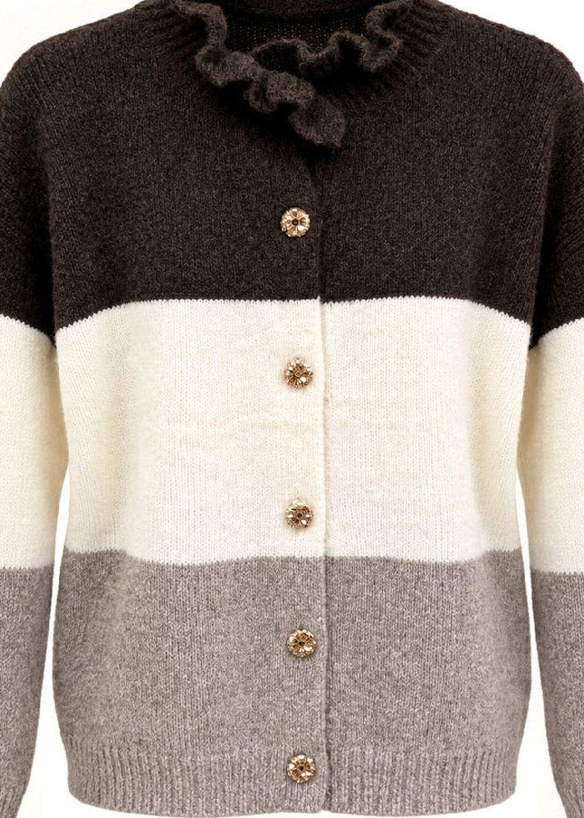 Soft Knit Frill Neck Cardigan With Contrasting Panels