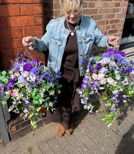 Pair of Lilac & Purple Flower Hanging Baskets ~ Artificial