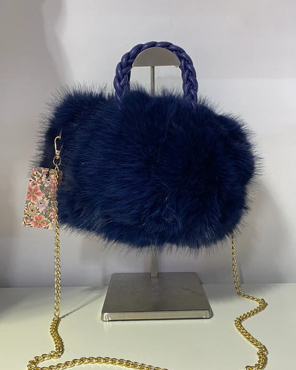 Cecie ~ Soft Faux Fur Round Hand Bag With Gold Cross Body Chain ~ Navy Blue