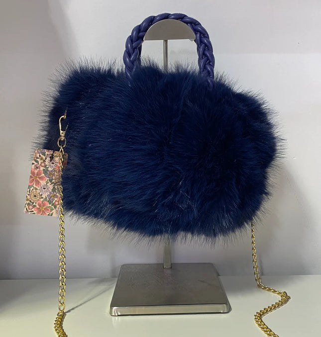 Cecie ~ Soft Faux Fur Round Hand Bag With Gold Cross Body Chain ~ Navy Blue