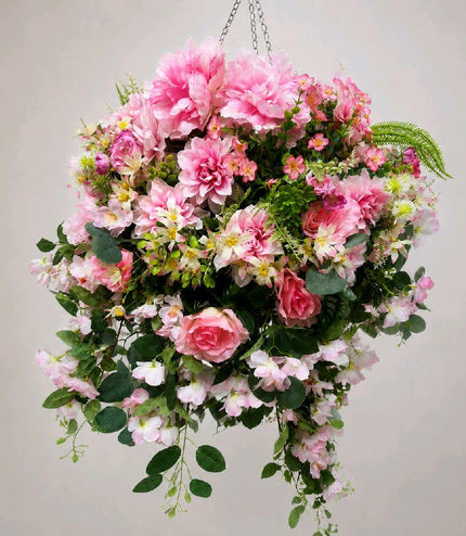 Romantic Pink Deluxe Extra Large Rattan Hanging Basket ~ Artificial