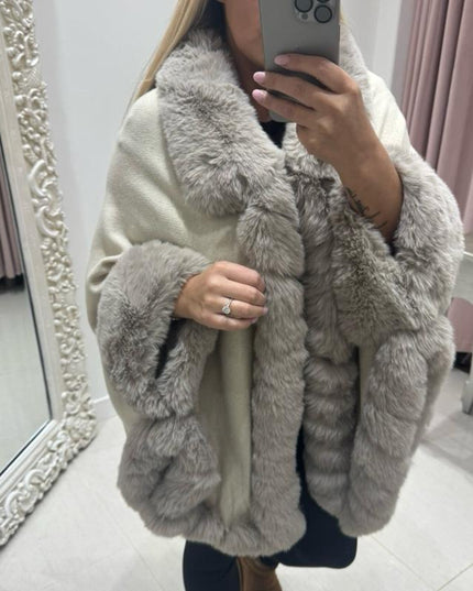 Holly Luxury Faux Fur Collared Cape ~ Cream