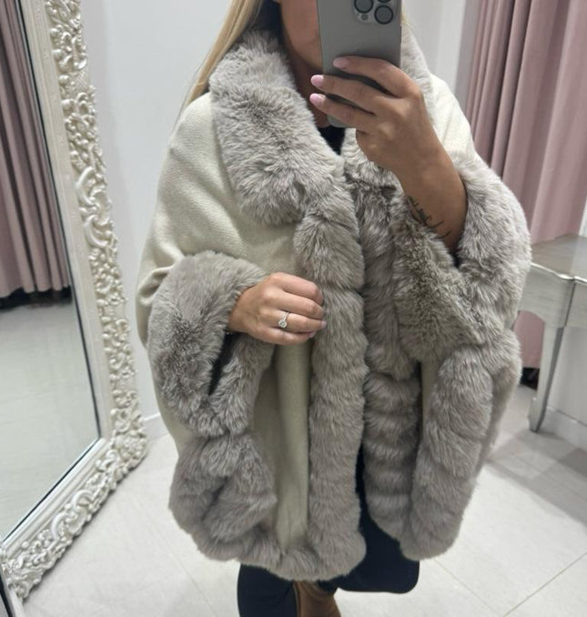 Holly Luxury Faux Fur Collared Cape ~ Cream