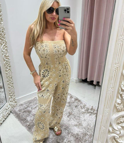 Millie ~ Bandana Print Cheesecloth Bandeau Jumpsuit ~ Cream