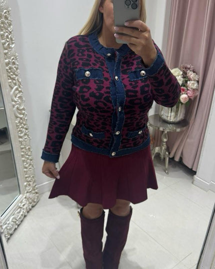 Animal Print Cardigan With Denim Trim Detail