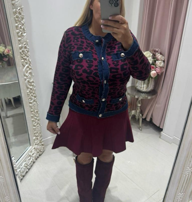 Animal Print Cardigan With Denim Trim Detail