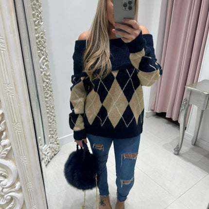 Lena ~ Bardot Argyle Long Sleeve Jumper