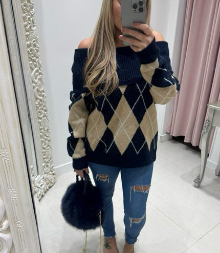 Lena ~ Bardot Argyle Long Sleeve Jumper