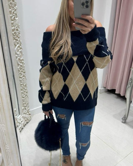 Lena ~ Bardot Off Shoulder Argyle Long Sleeve Jumper