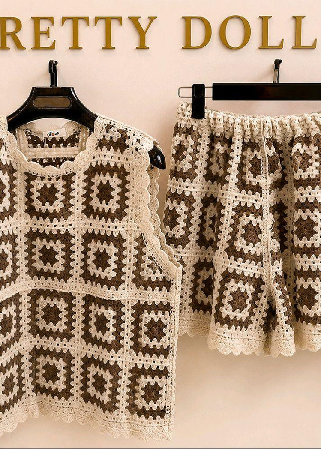 Cream & Taupe Crochet Lace Top & Shorts