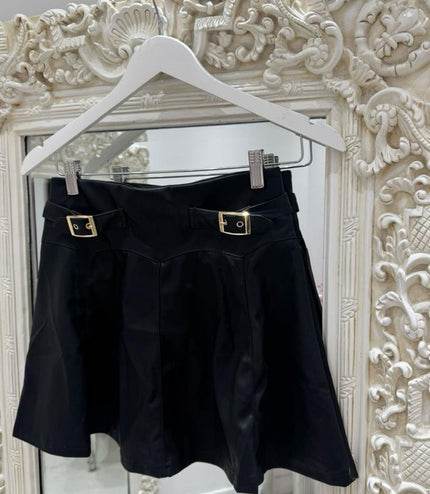 Charlotte ~  Faux Leather Skirt With Gold Buckles