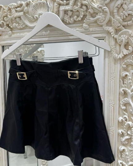 Charlotte ~  Faux Leather Skirt With Gold Buckle Detail