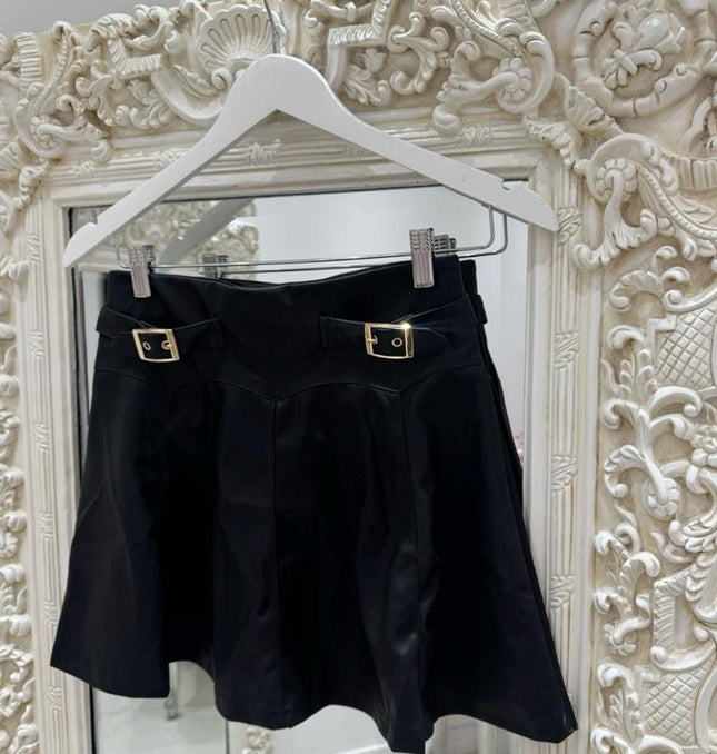 Charlotte ~  Faux Leather Skirt With Gold Buckle Detail