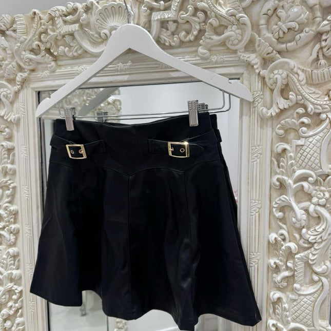 Charlotte ~  Faux Leather Skirt With Gold Buckles