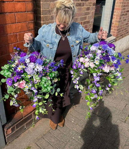 Pair of Lilac & Purple Flower Hanging Baskets ~ Artificial