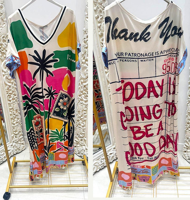 Caprice ~ Short Sleeved V Neck Vibrant Print Maxi Dress