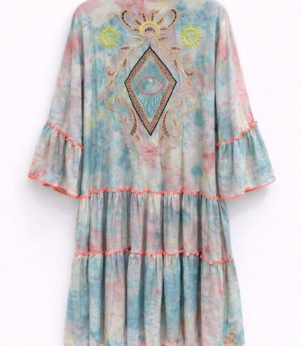 Charlise ~ Boho Pretty Pastel Tiered Smock Dress With Embroidery
