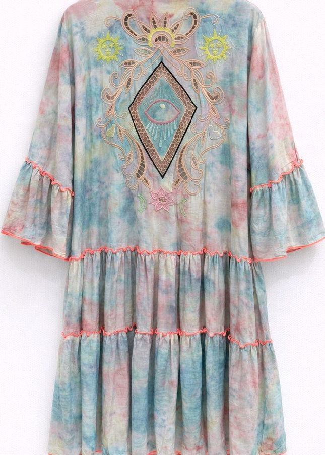 Charlise ~ Boho Pretty Pastel Tiered Smock Dress With Embroidery