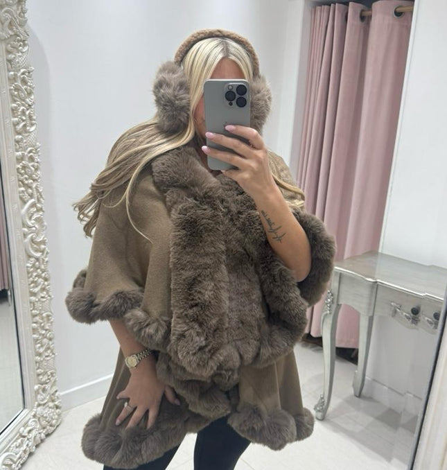 Wynter ~ Brown Faux Fur Double Layered Luxury Cape
