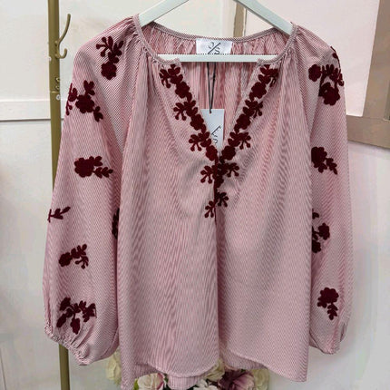 Burgundy Thin Striped Blouse with Burgundy Embroidery