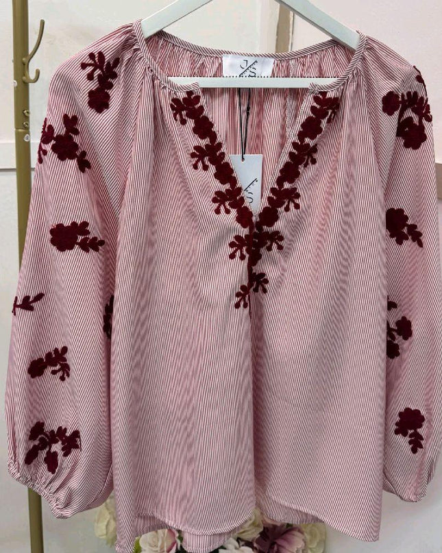 Burgundy Thin Striped Blouse with Burgundy Embroidery
