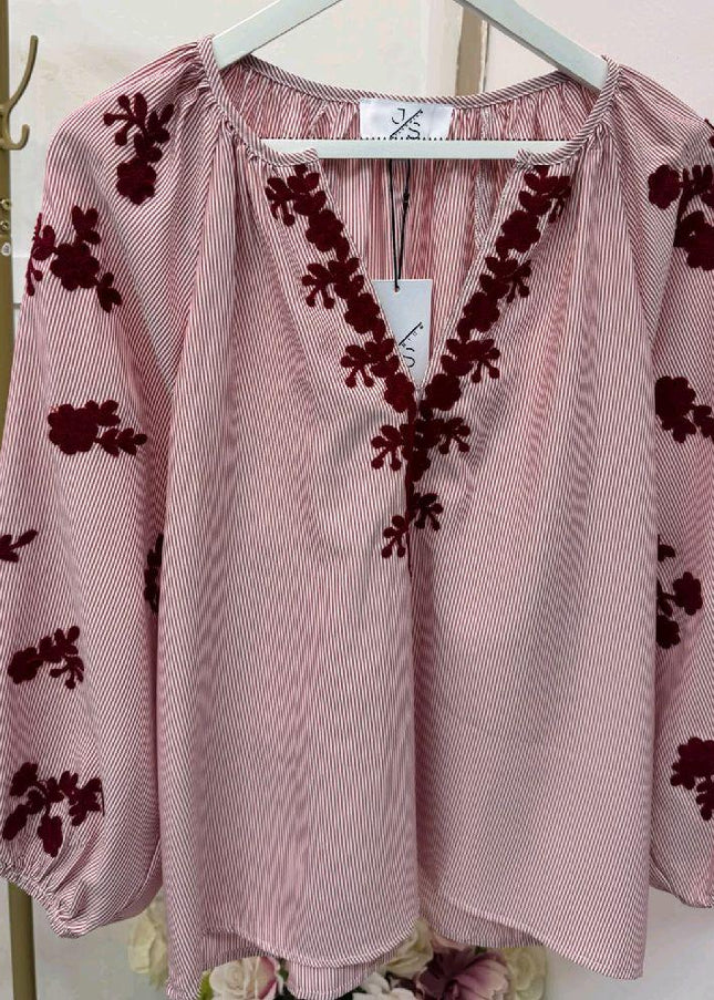 Burgundy Thin Striped Blouse with Burgundy Embroidery