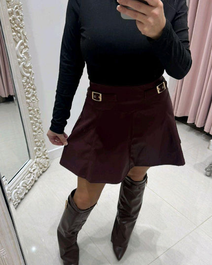Charlotte ~  Faux Leather Skirt With Gold Buckle Detail