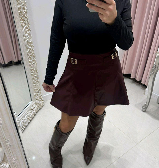 Charlotte ~  Faux Leather Skirt With Gold Buckle Detail