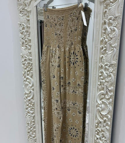 Millie Bandana Print Cheesecloth Bandeau Jumpsuit ~ Taupe