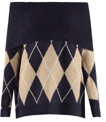 Lena ~ Bardot Argyle Long Sleeve Jumper