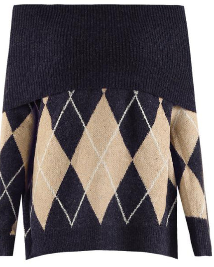 Lena ~ Bardot Off Shoulder Argyle Long Sleeve Jumper