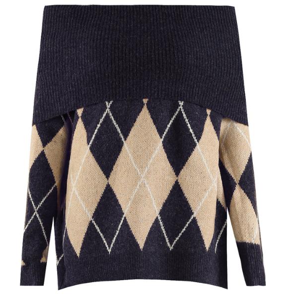 Lena ~ Bardot Off Shoulder Argyle Long Sleeve Jumper