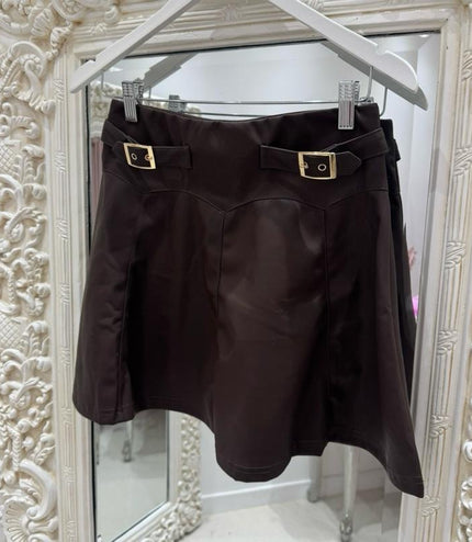 Charlotte ~  Faux Leather Skirt With Gold Buckles