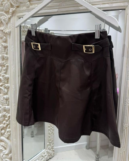 Charlotte ~  Faux Leather Skirt With Gold Buckle Detail