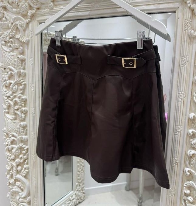 Charlotte ~  Faux Leather Skirt With Gold Buckle Detail