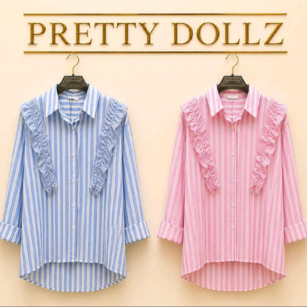Blue Or Pink White Striped Shirt With Ruffle Trim