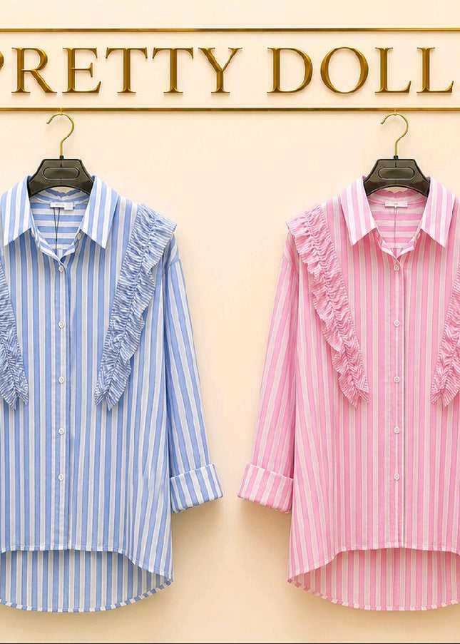 Blue Or Pink White Striped Shirt With Ruffle Trim