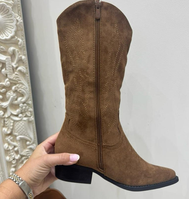 Dallas Faux Suede Camel Mid Length Western Cowboy Boot