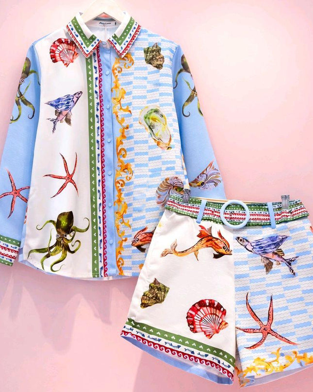 Shells ~ Blue Top & Short Co-Ord Set With Fish & Shells Fabric