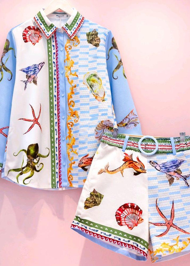 Shells ~ Blue Top & Short Co-Ord Set With Fish & Shells Fabric
